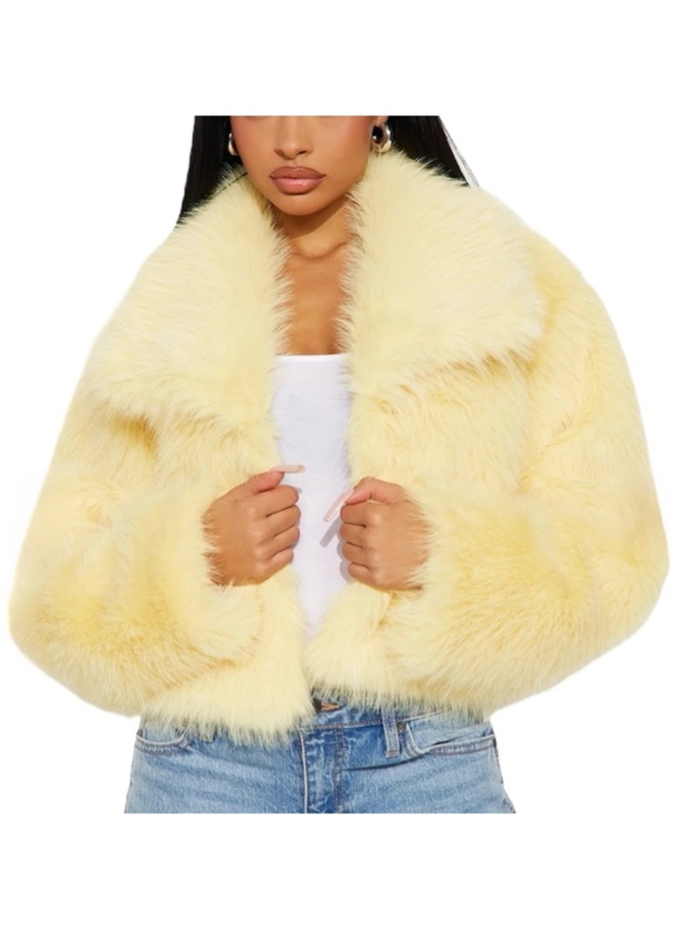 FASHION NOVA New Full Of Charisma Butter Yellow Faux Fur Jacket Coat Size Medium